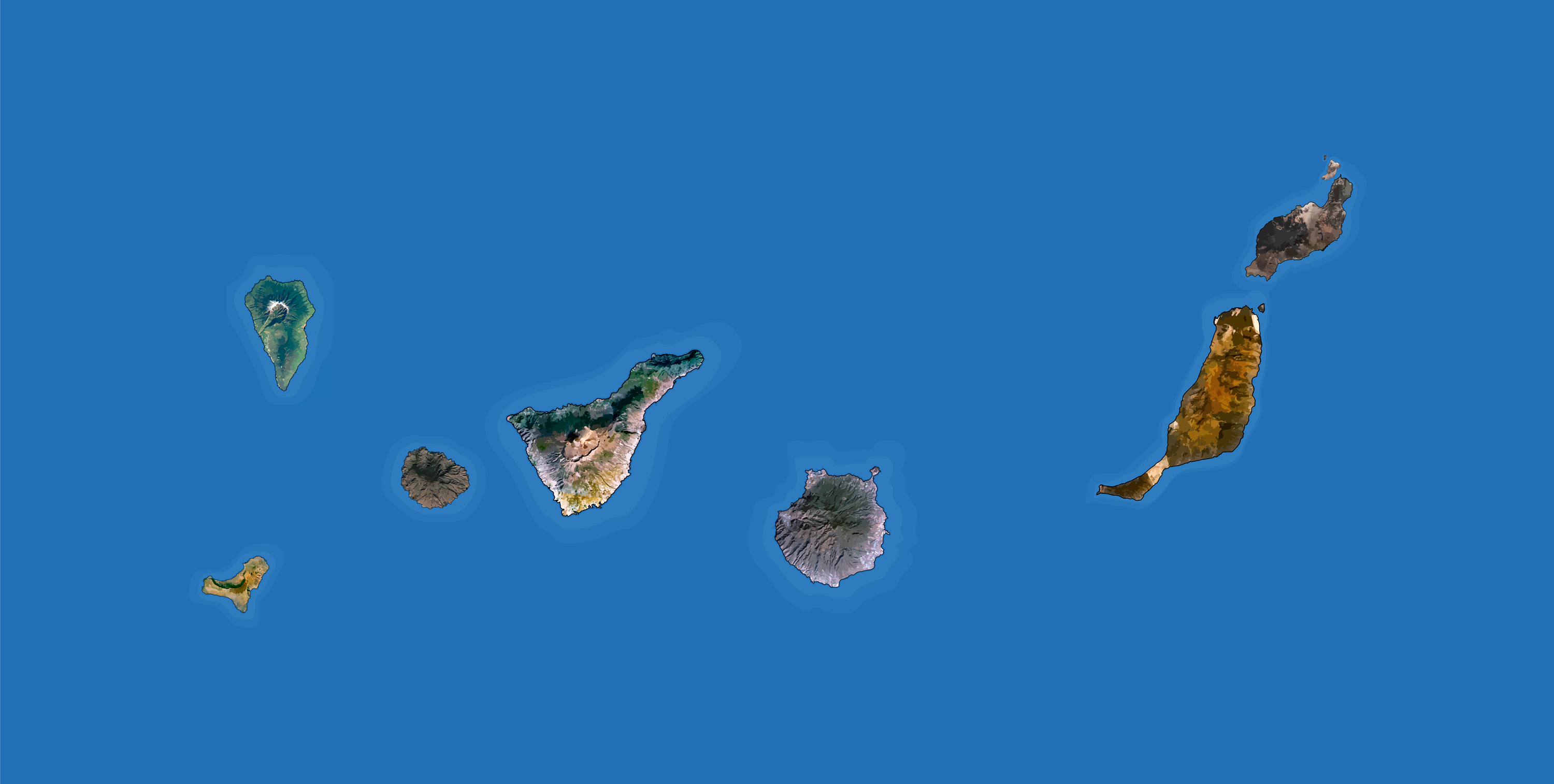 Mapa de relieve de las ocho islas de Canarias